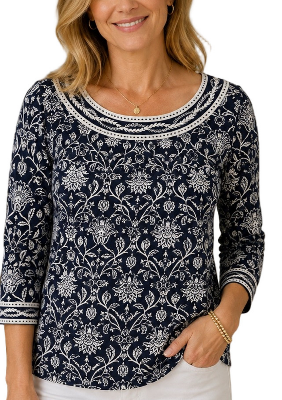 Orvis Women's Shirt Navy Blue White Floral Sea Nautical Shirt Size Small Cotton